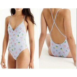J Crew Seersucker One Piece Swimsuit Size 8 Embroidered Cherry Pineapples EUC